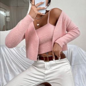 [Sold] Shein top cherry blossom pink cropped cardigan set insta chic fluffy knit